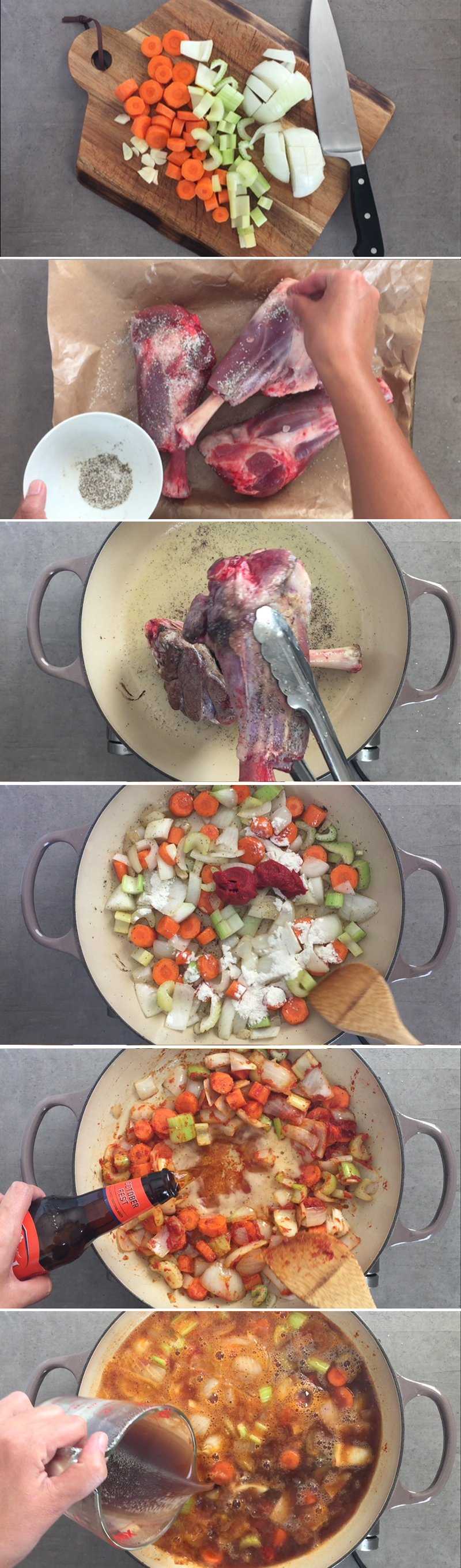 Image sequence illustrating the steps to prepare a lamb shanks for braising and to create the braising liquid.
