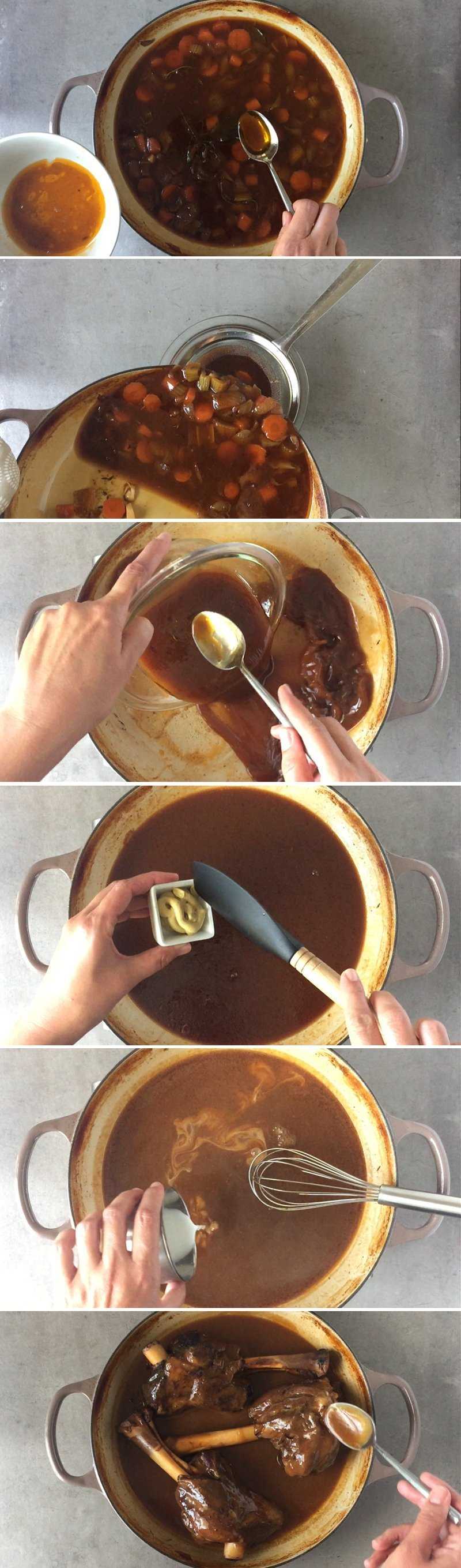 Steps to turn the braising liquid into a luscious sauce (gravy)