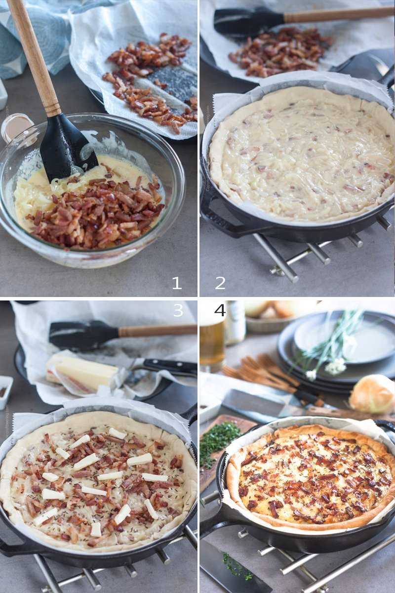 How to assemble German onion pie - crust, custard filling and onions etc. 