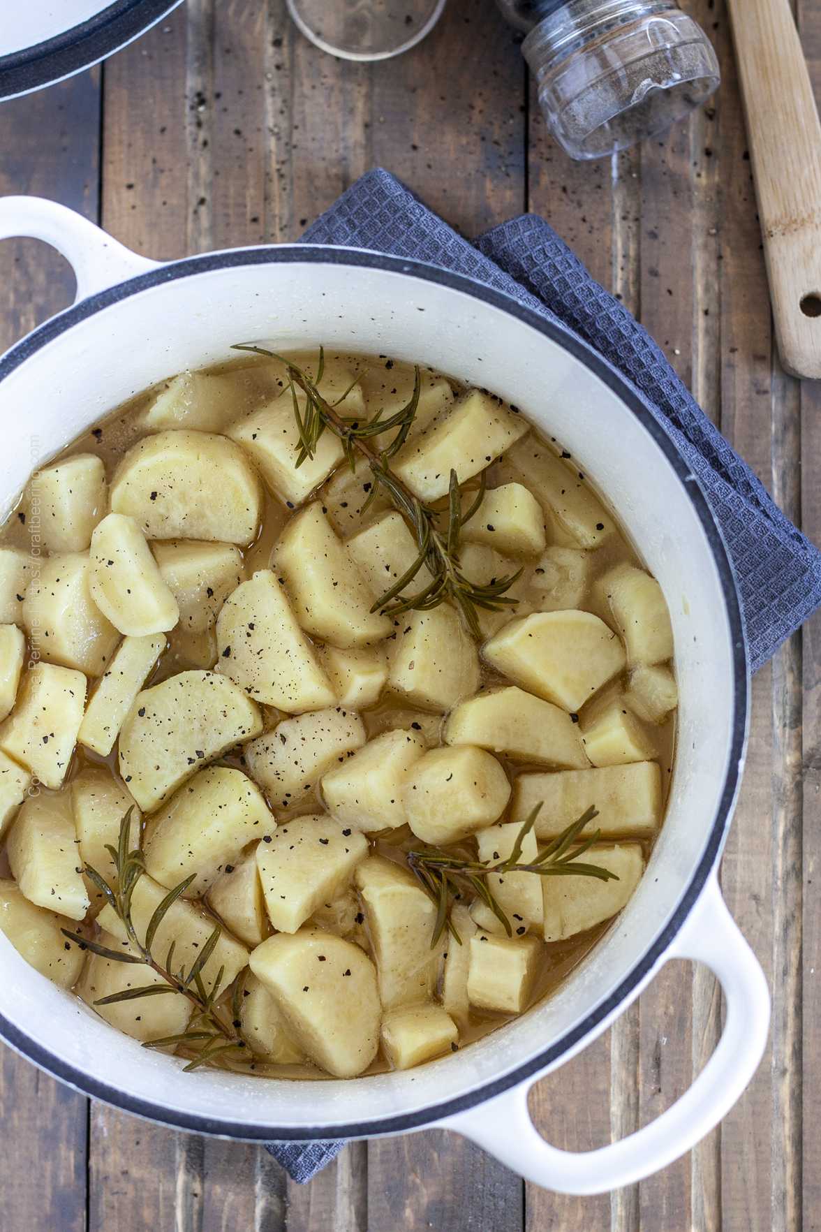 Braised sweet potatoes with pilsner and rosemary. (Hannah variety)