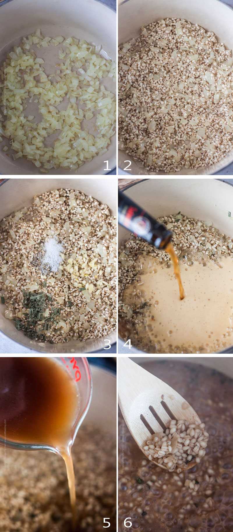Image grid with the steps to cook orzotto in a Dutch oven.