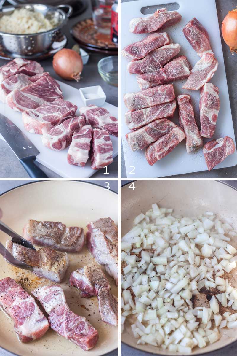 Image grid with steps to cook pork and sauerkraut in the oven 1