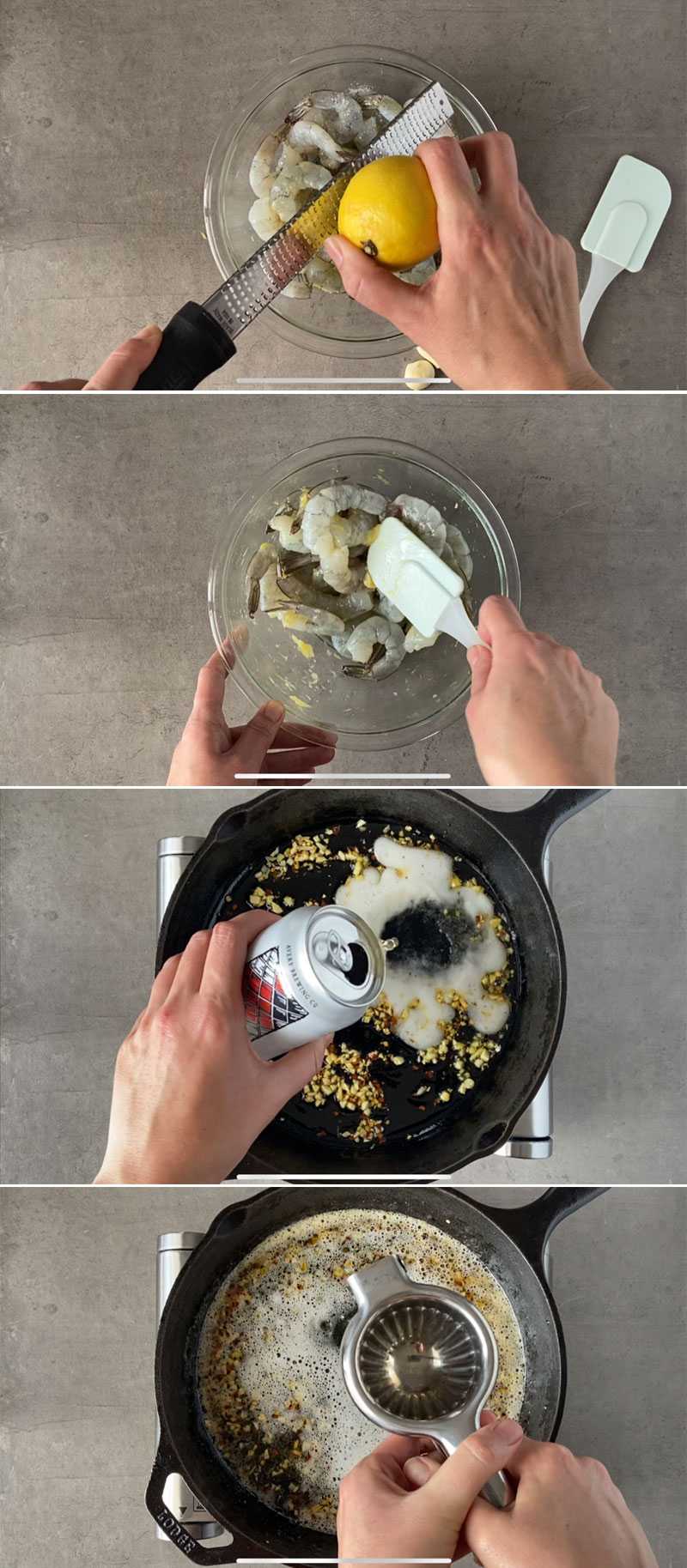 Process image sequence on how to cook beer shrimp skillet - part 1.