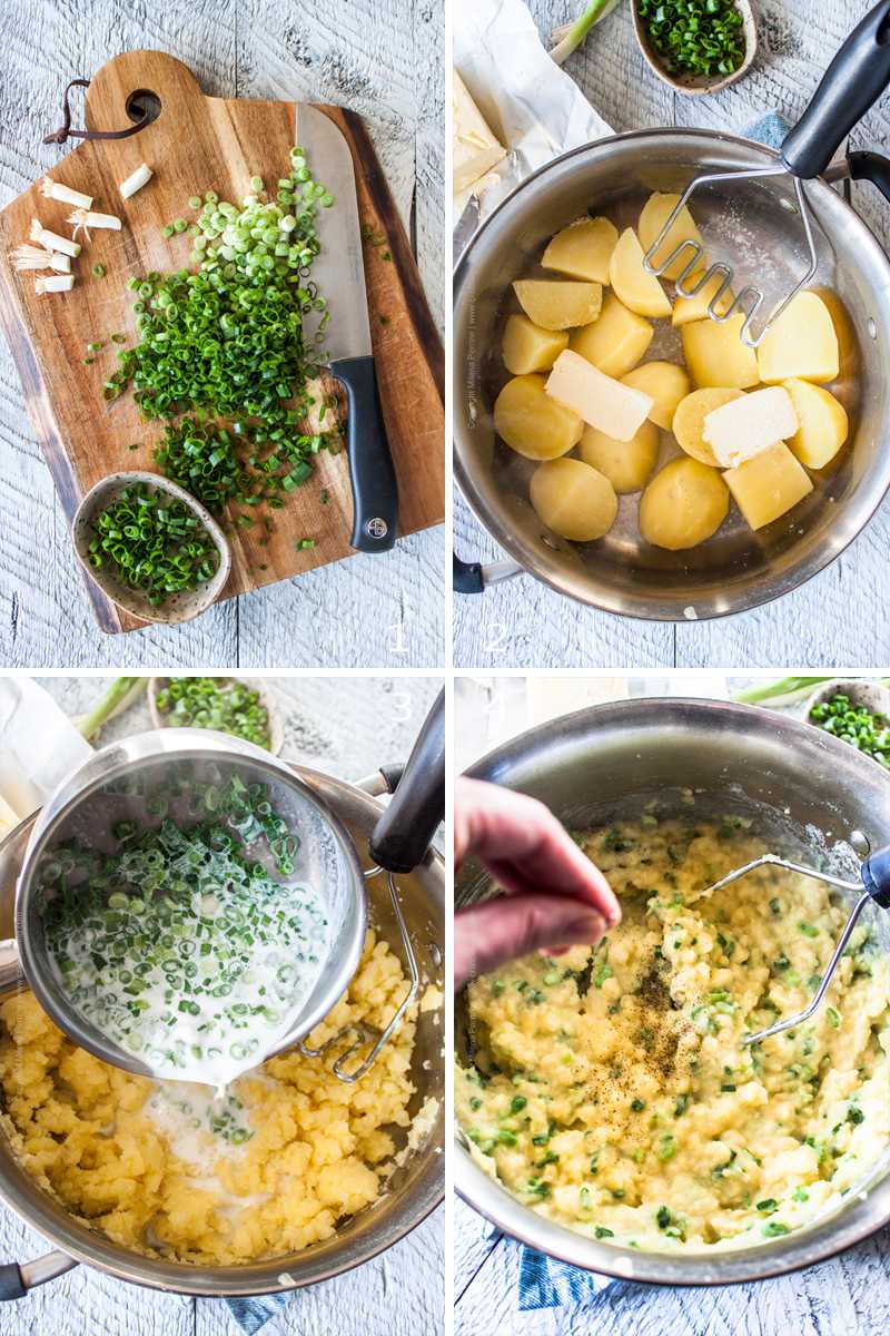 Image grid illustrating steps to make Irish mashed potatoes aka Champ.