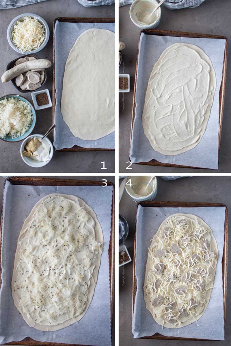 How to make sauerkraut pizza with bratwurst, caraway and mustard creme fraiche. 