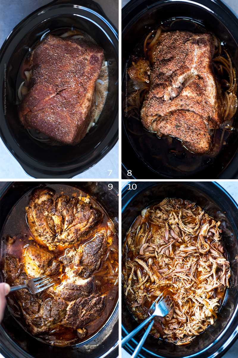 Stages of cooking for beer pulled pork in slow cooker. The meat slowly starts to soften and then fall apart.