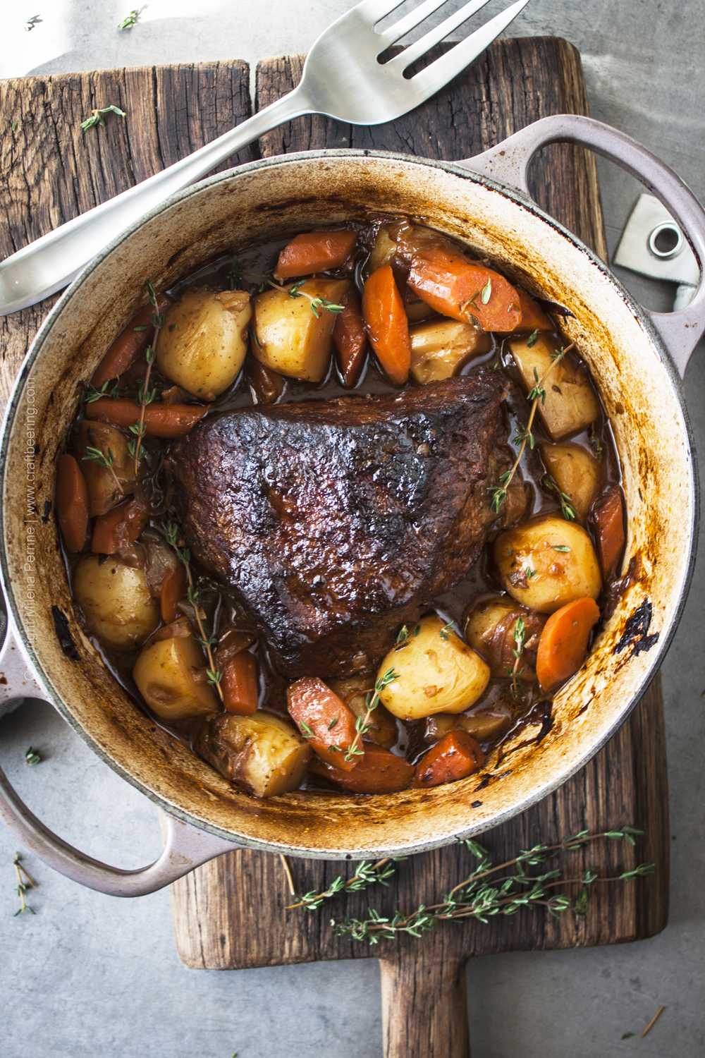 Beer rump roast braised low and slow in a Dutch oven.