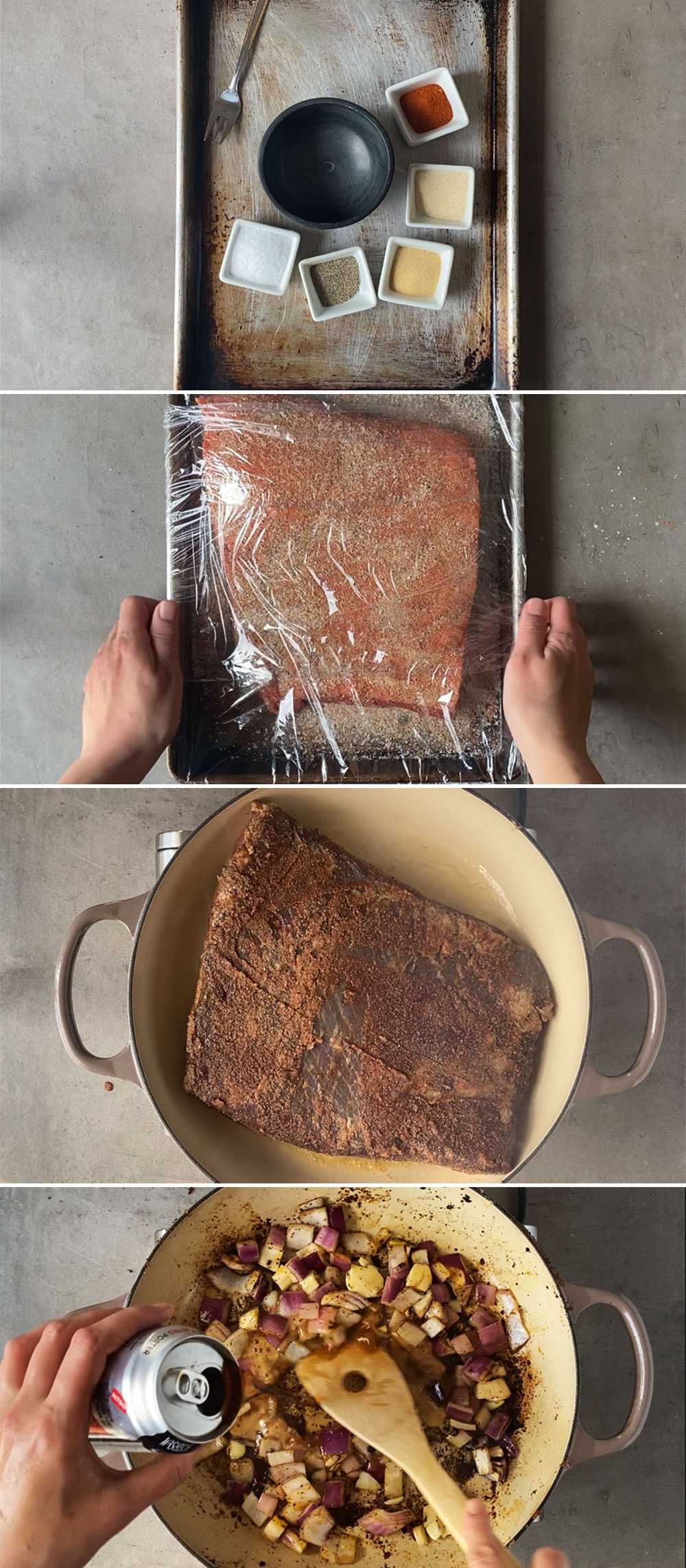 Step by step image collage on how to make beer brisket. Part 1