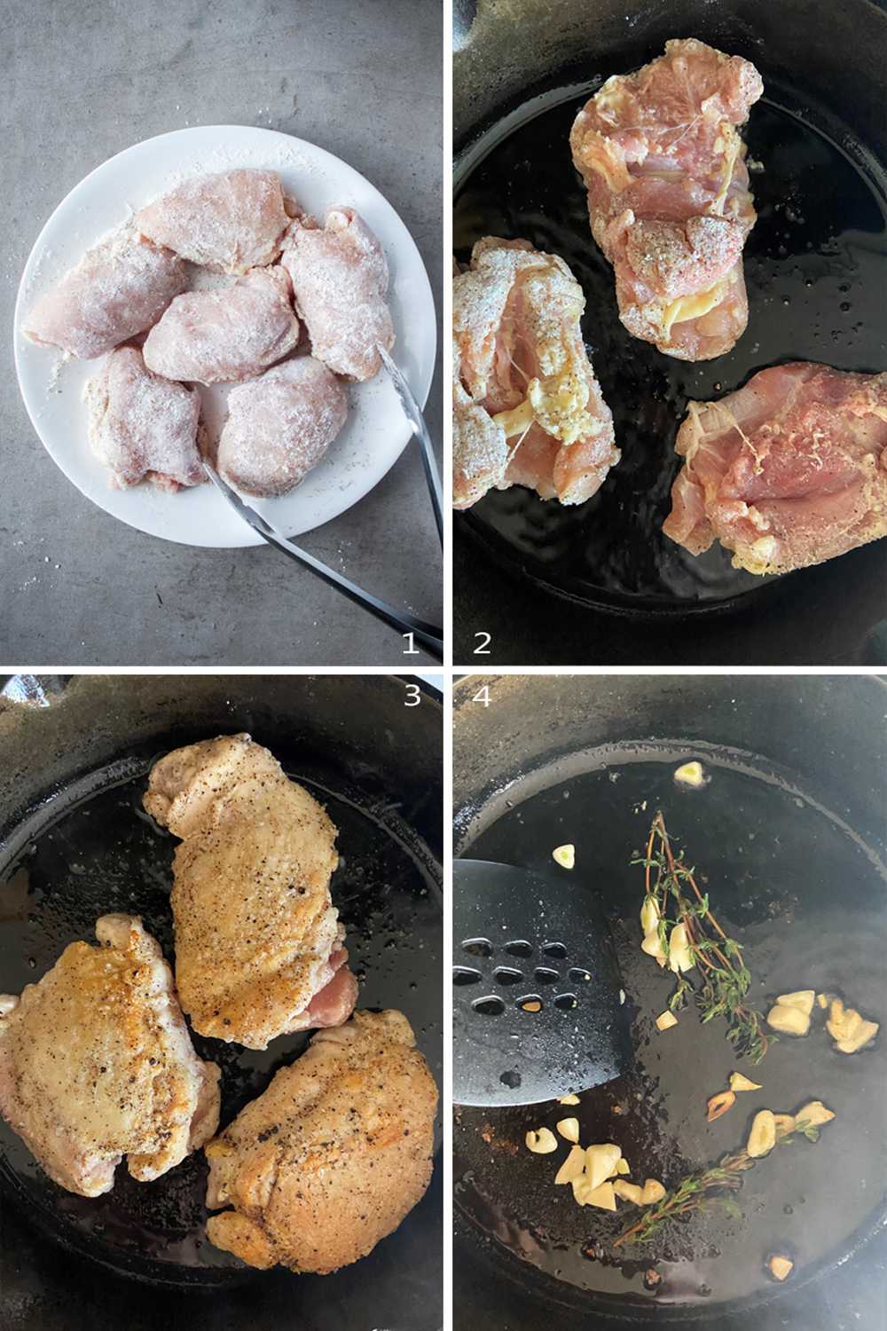 How to cook baked boneless skinless chicken thighs in pan. Image collage part 1. 
