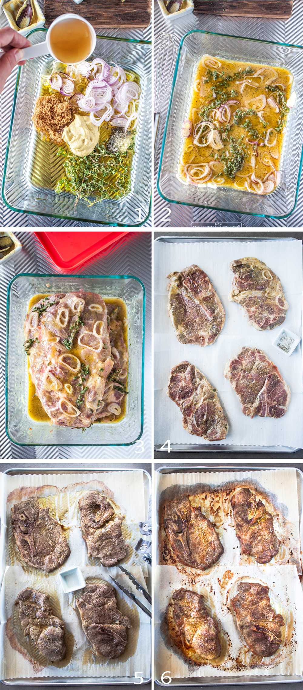 Steps to marinated and bake pork shoulder steaks in the oven.