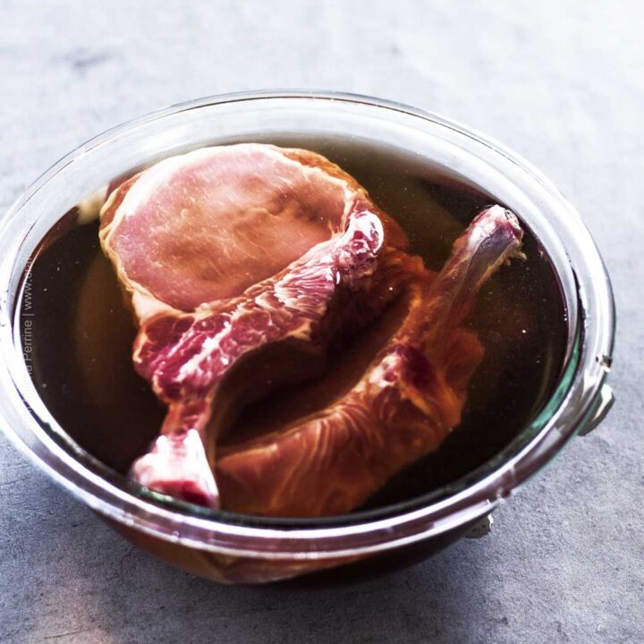 Thick pork chops in a basic brine with brown sugar.