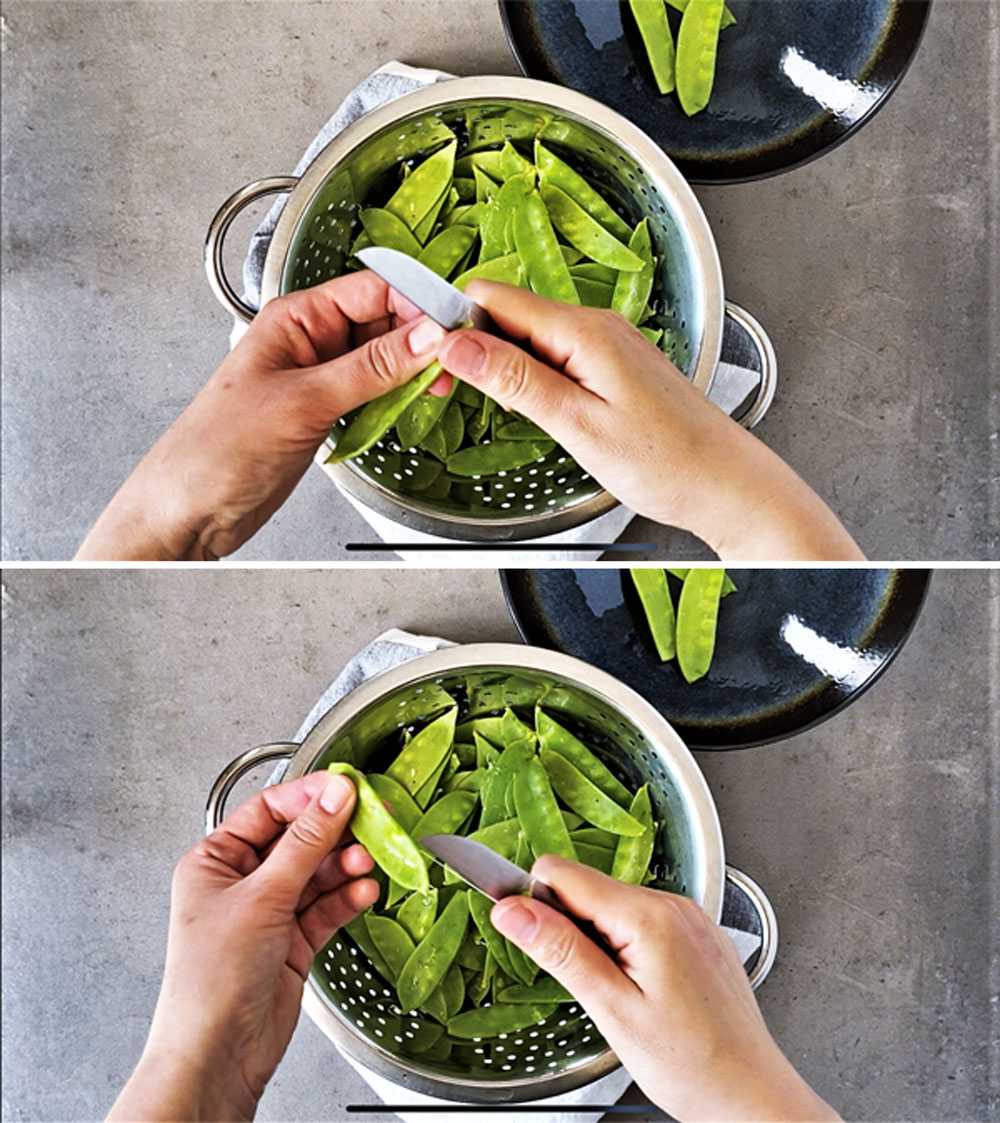 how to trim and prep fresh snow peas for cooking.