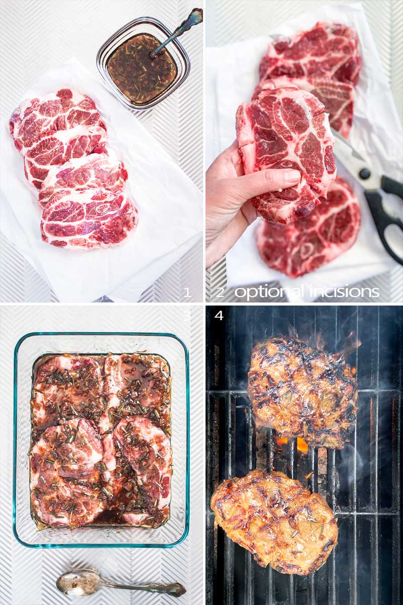 Steps to prepare grilled pork collar steaks. 