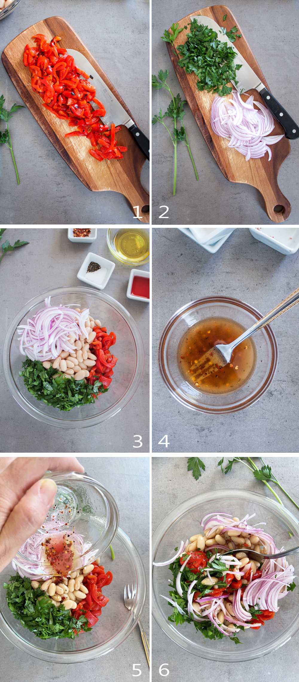 Workflow image grid - steps to make white bean salad. 