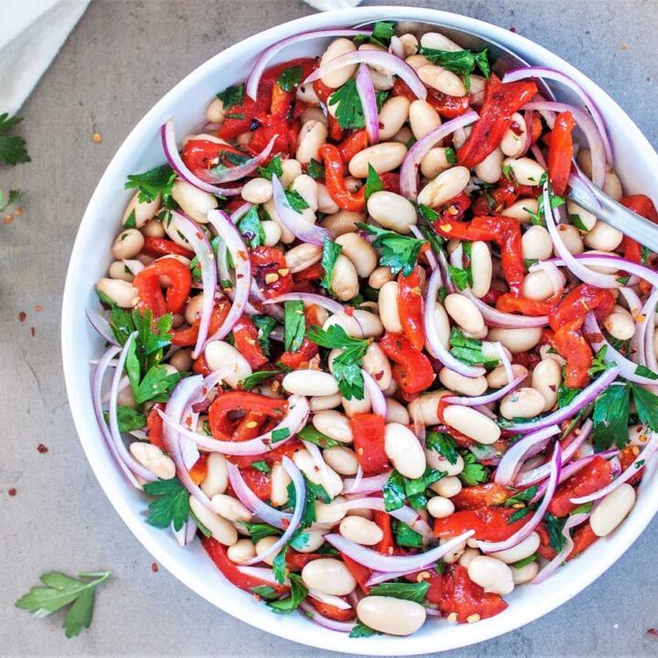 Vibrant white bean salad with canellini and Great Northern beans.