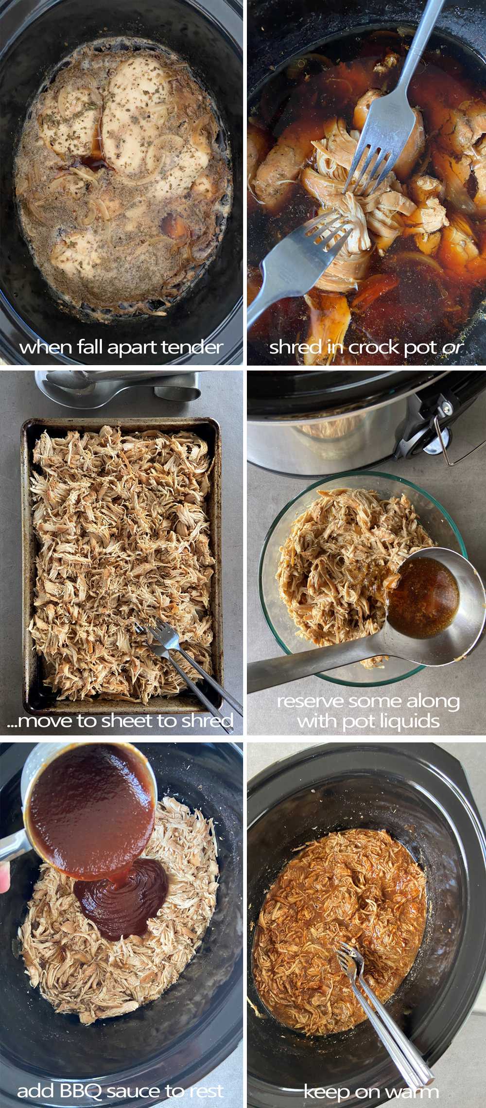 How to shred the meat for crock pot pulled chicken. Add BBQ sauce for BBQ pulled chiken with beer. 