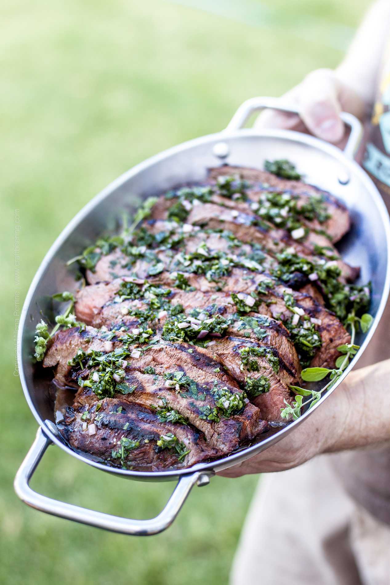 Flat iron steak, beer marinated and topped with chimichurri