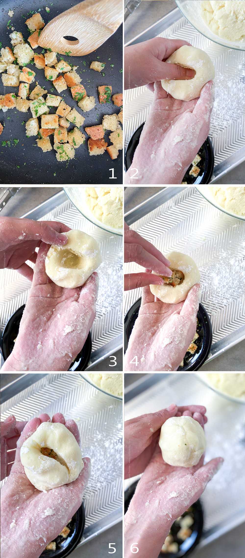 Image collage with steps on how to make bread crouton filling and stuff potato dumplings with it.