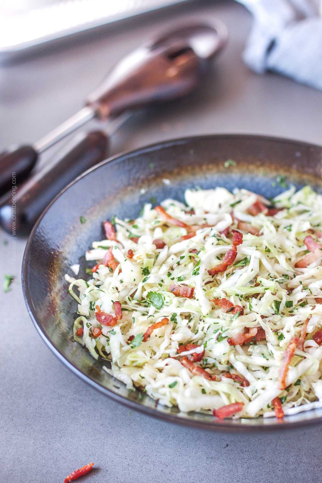 German coleslaw with bacon. Traditional side for roasts, chicken and fish dishes.