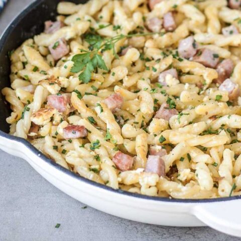 German fried pasta with egg and ham, a beer garden classic.