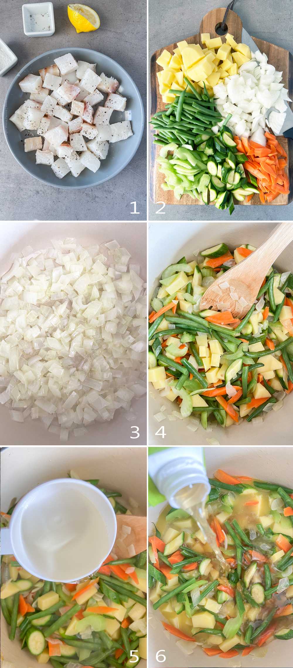 Workflow for recipe for fish stew with vegetables and cream. Step by step images. Part 1. 