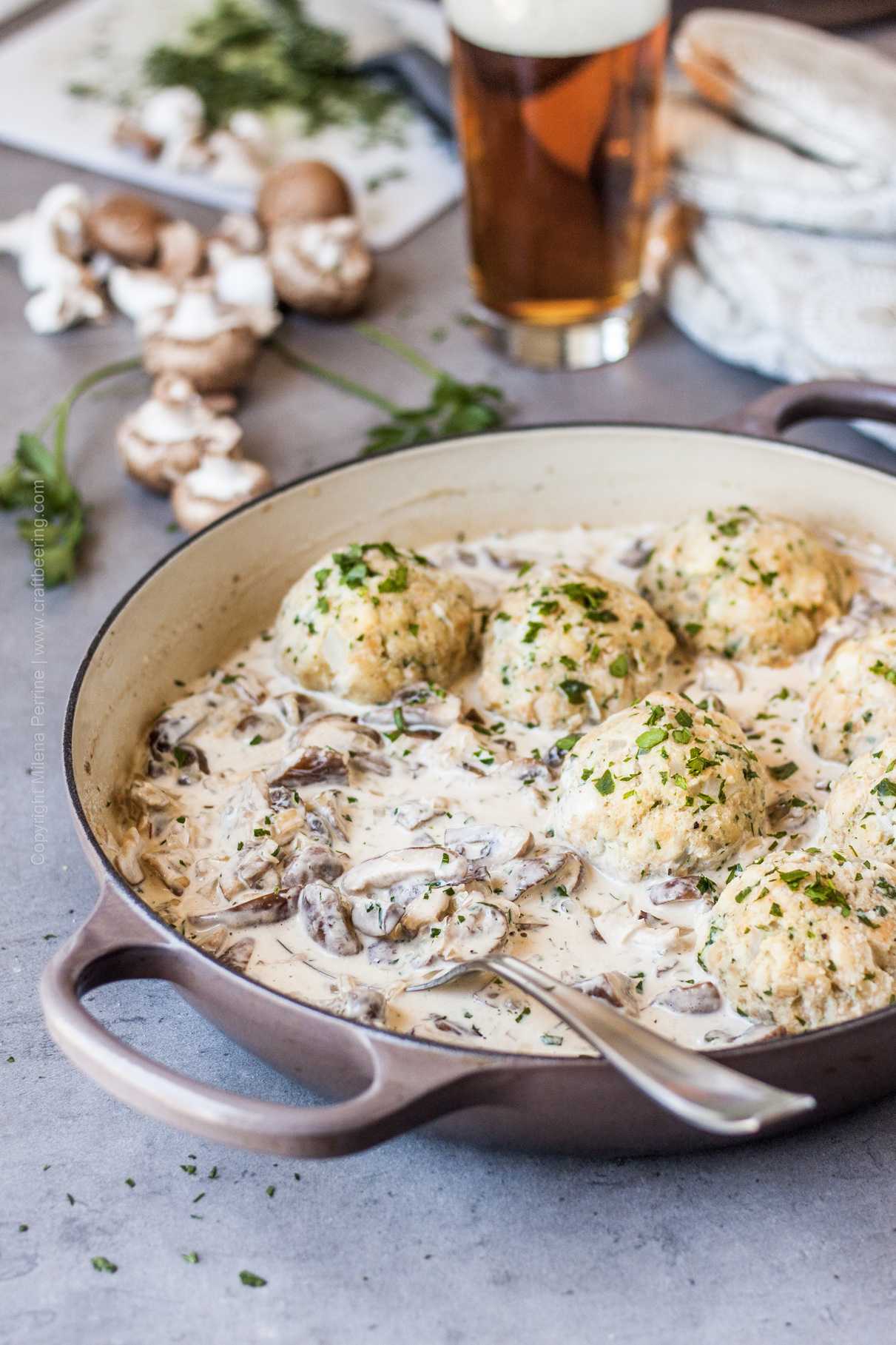 Creamy Bavarian mushroom stew with bread dumplings. 