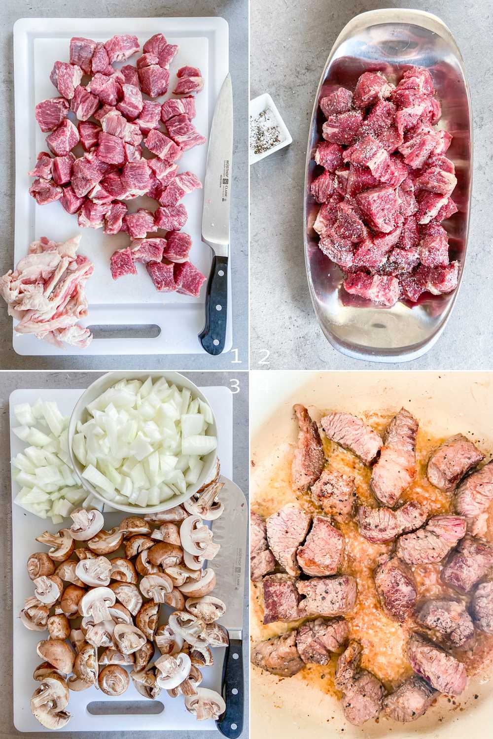 Prep steps - cube the brisket, cut the mushrooms and onions, season and sear