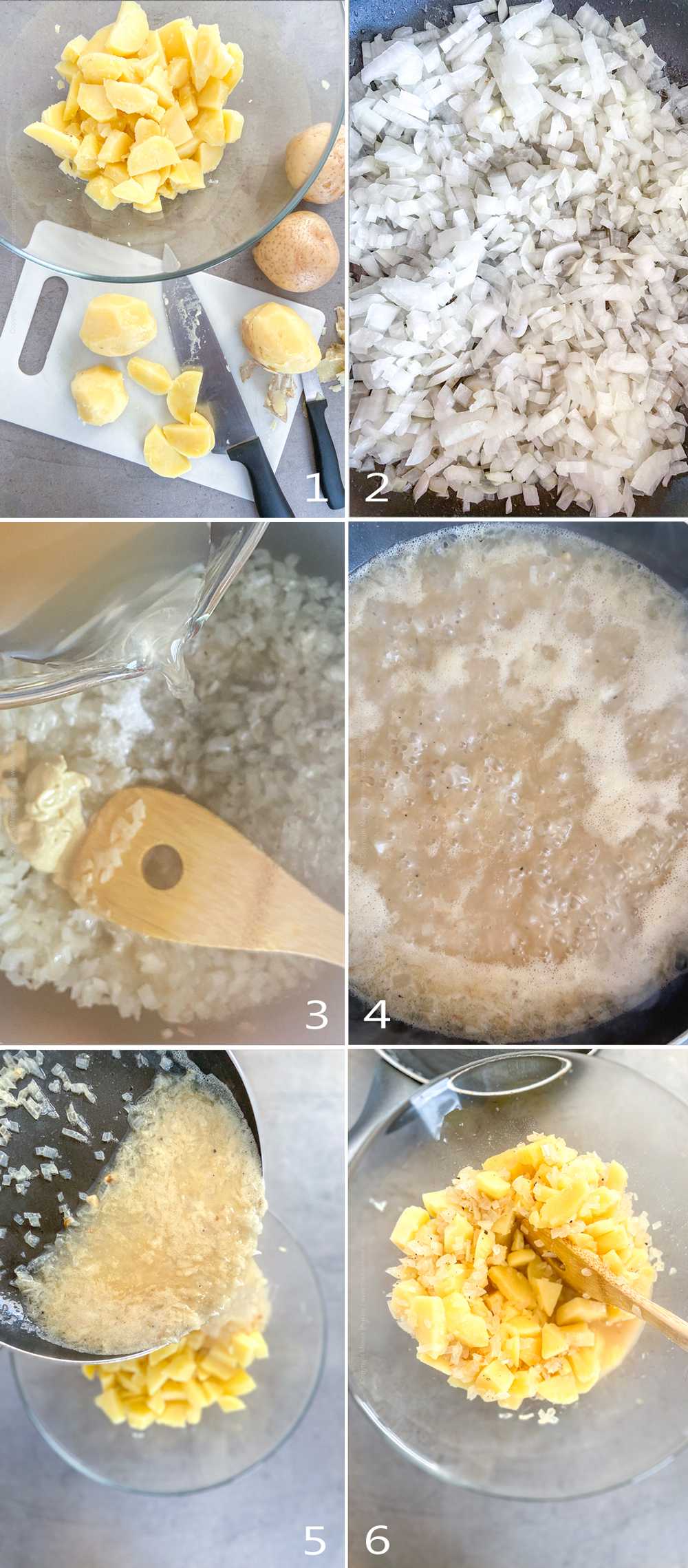 Workflow images showing the steps to make Bavarian potato salad