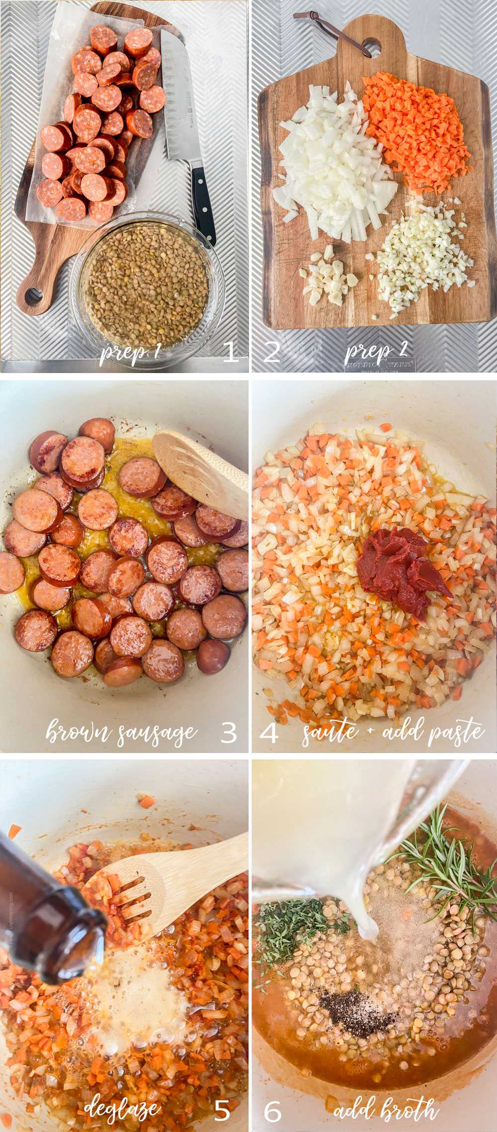Step by step process of making lentil stew with Andouille sausage