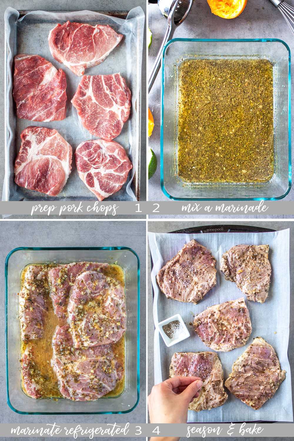 Step by step images showing how to prepare oven bake marinated pork chops. Part 1