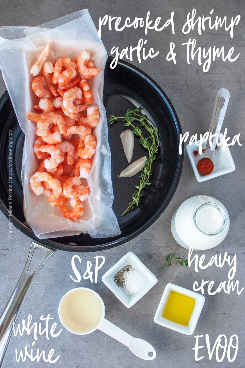 Precooked small shrimp, heavy cream and other ingredients for shrimp cream sauce.