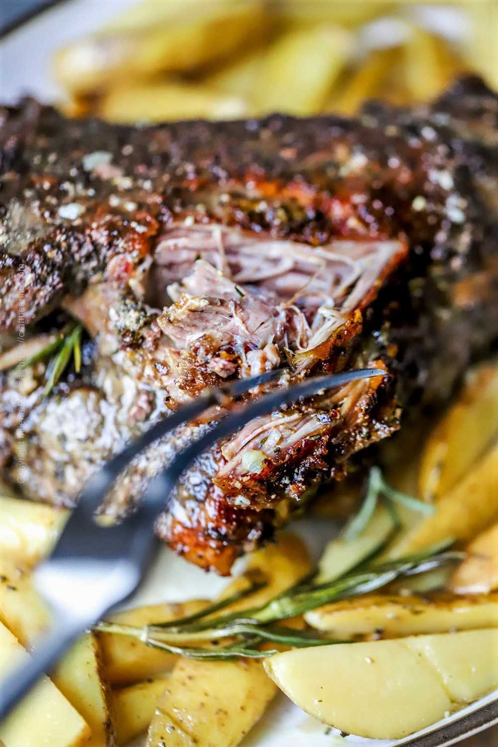 Fork tender lamb leg slow roasted to perfection. 