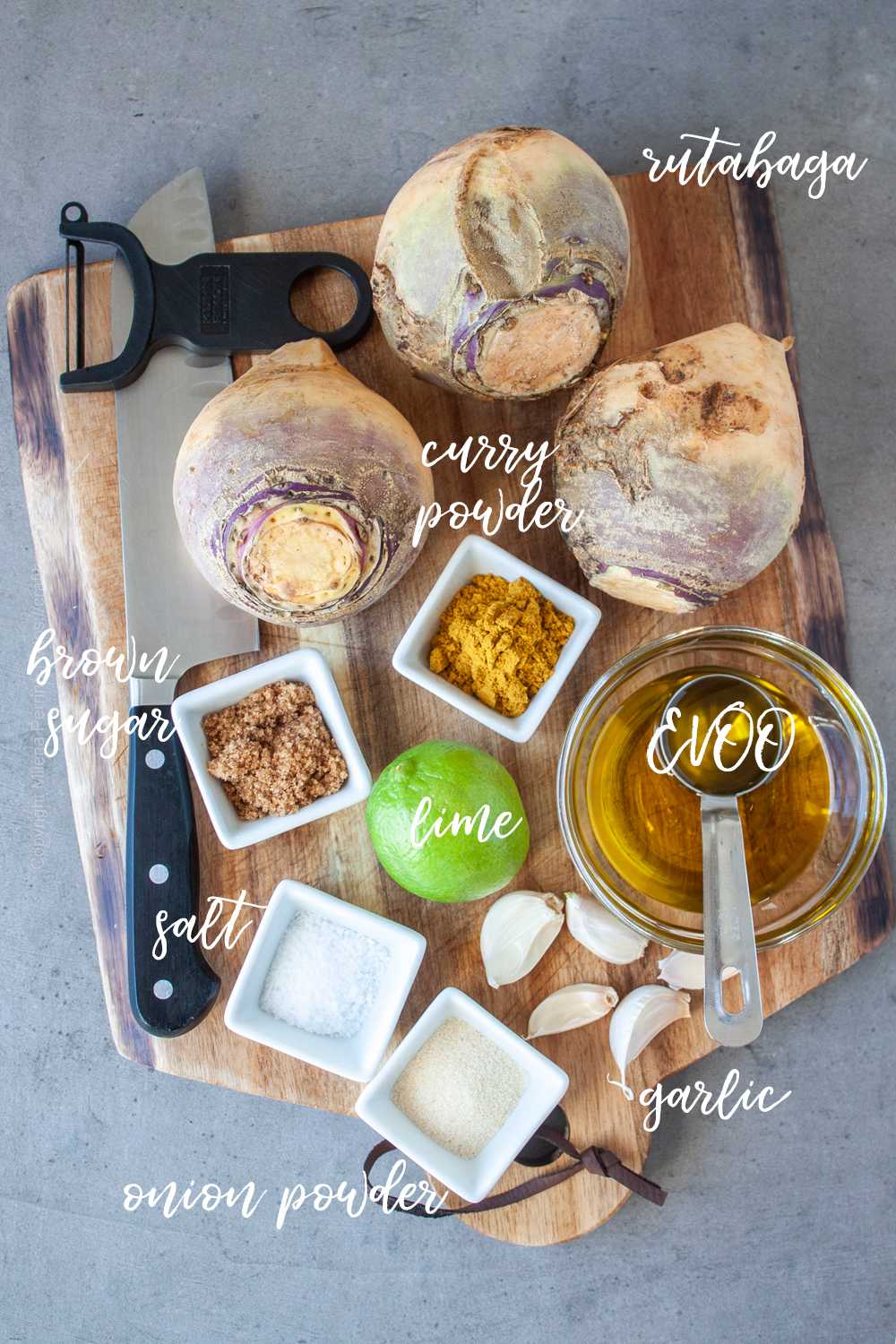 Raw ingredients for roasted rutabaga with brown sugar.