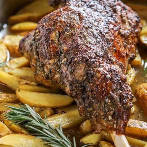 Slow cooked leg of lamb roast with Dijon mustard and rosemary