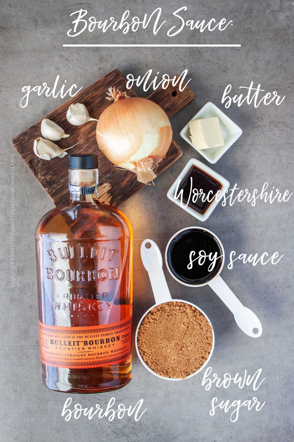 Ingredients needed to make bourbon sauce.