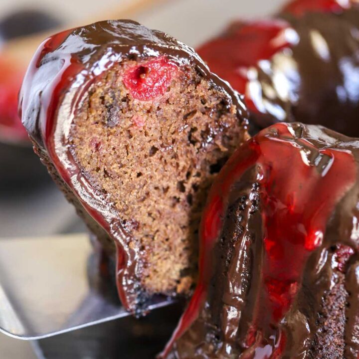 Cherry chocolate bundt cake with ganache.