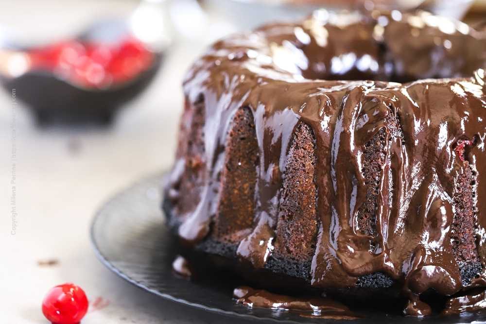 Chocolate cherry bundt cake with chocolate ganache and cherry pie filling. 