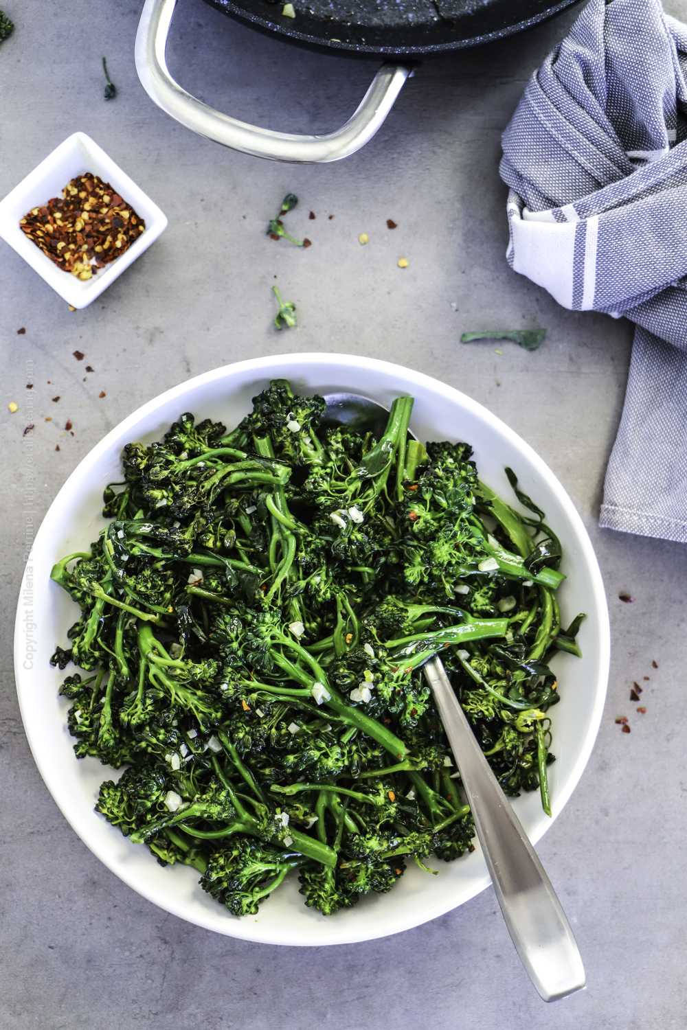Steam fried broccolini with garlic and red pepper flakes. 
