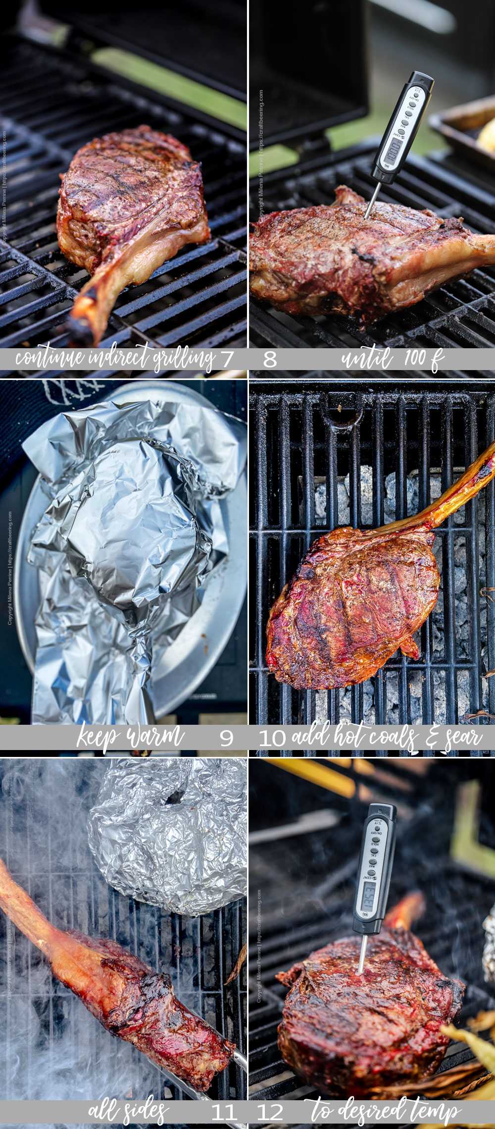 Indirect grilling of Tomahawk steak on charcoal grill.