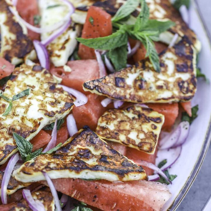 Grilled Halloumi cheese salad with watermelon and feta.