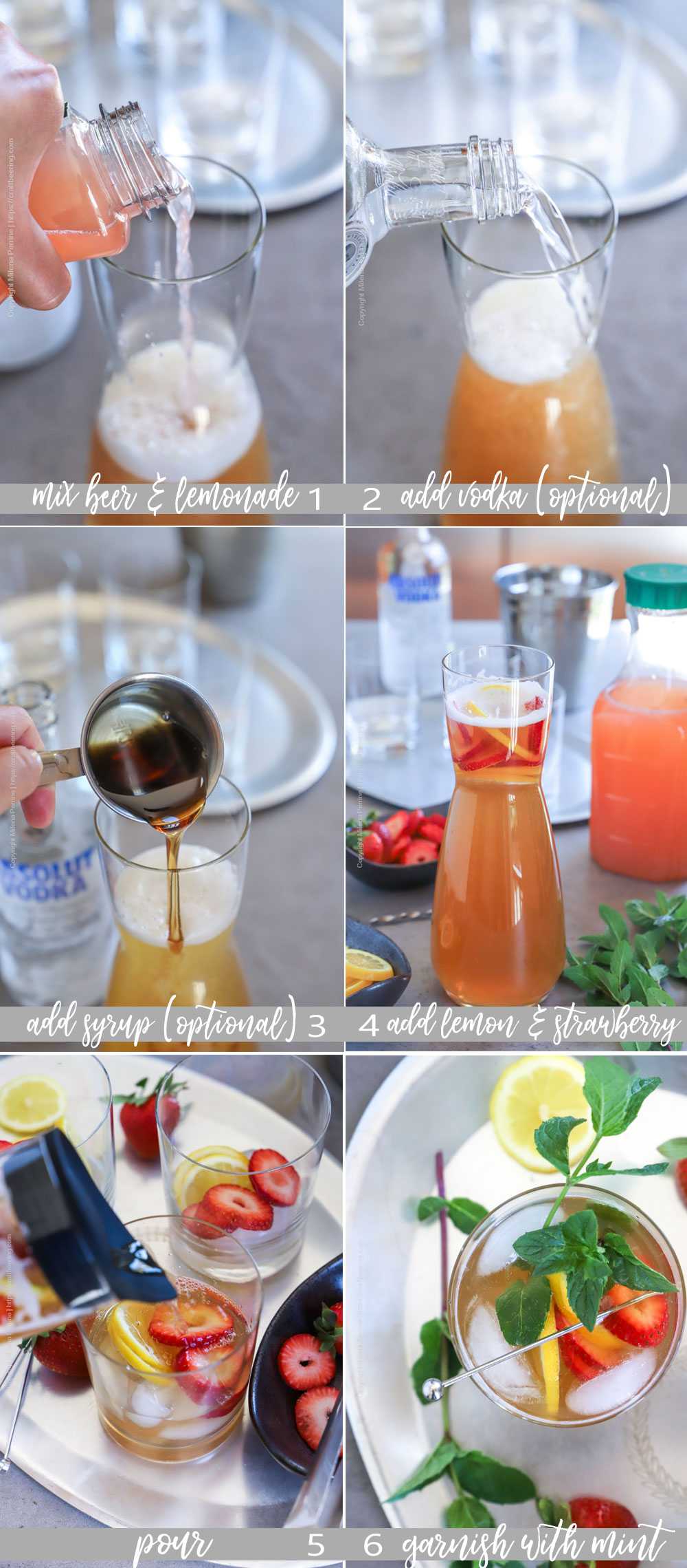 Image grid illustrating how to make beer lemonade vodka punch - perfect for summer. 