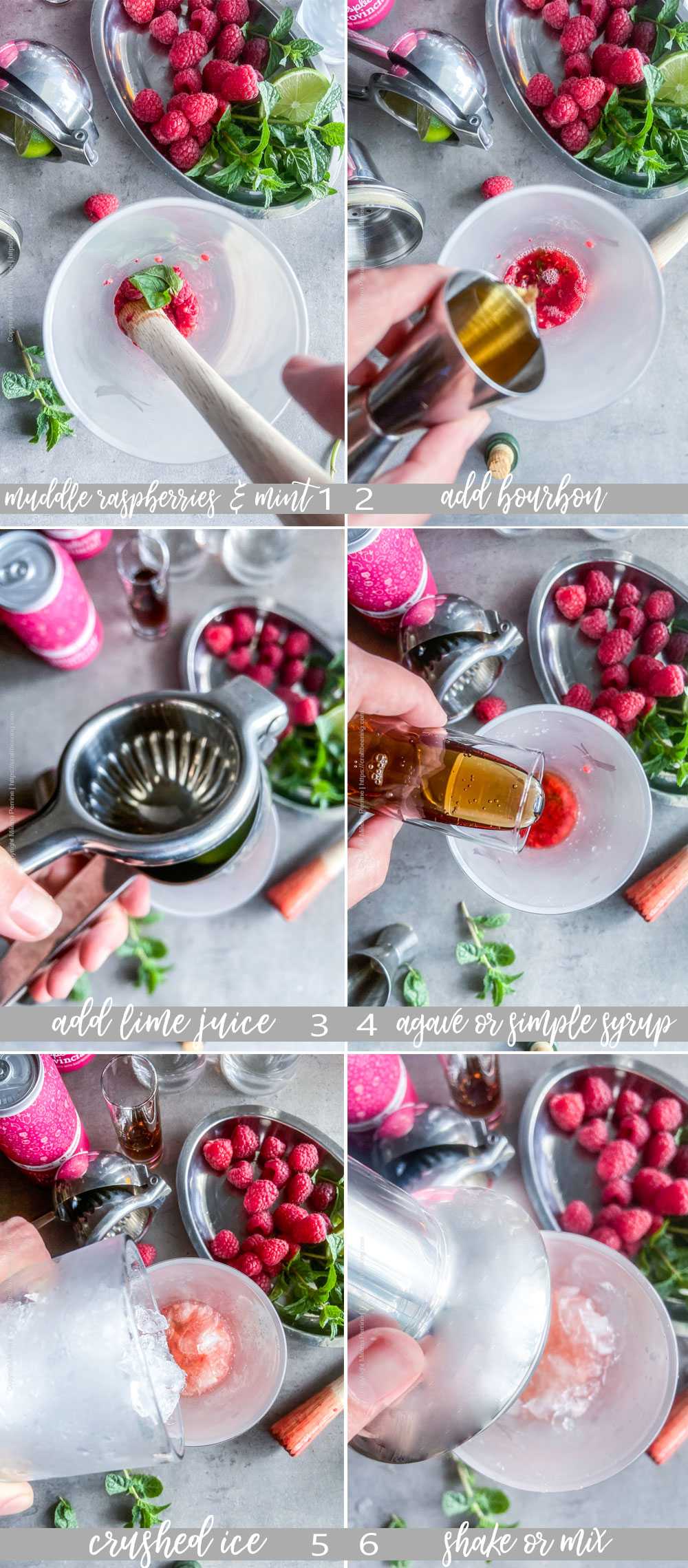 Step by step how to make bourbon smash with fresh raspberries and mint.