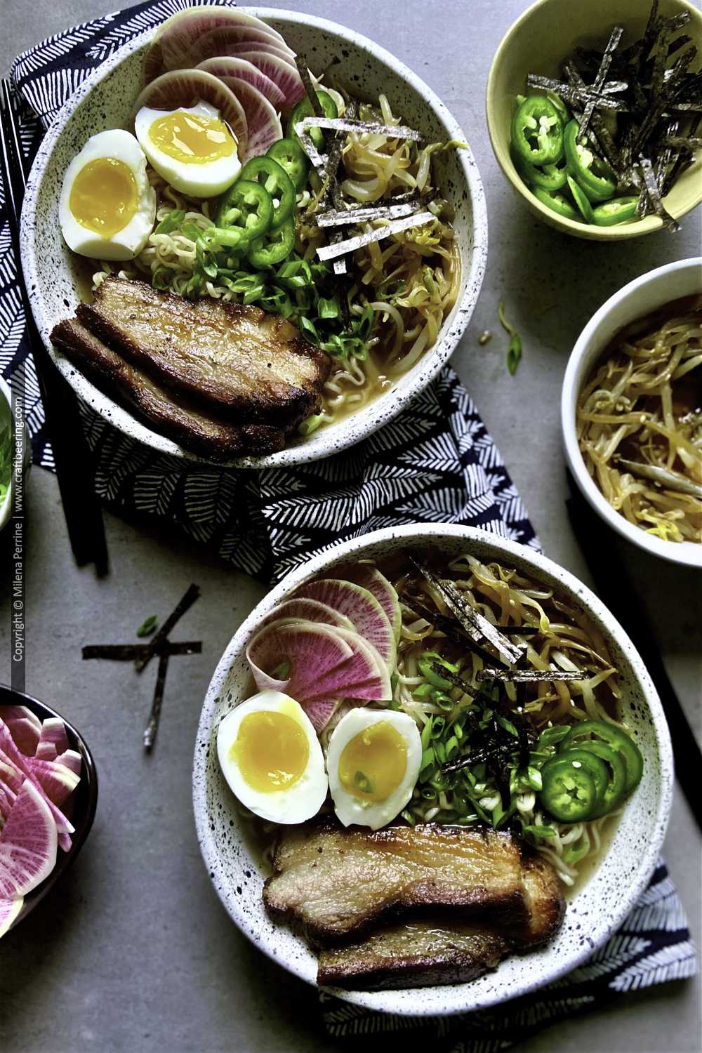 Pork ramen with thick slices of barbecued pork belly and traditional Japanese ramen ingredients.