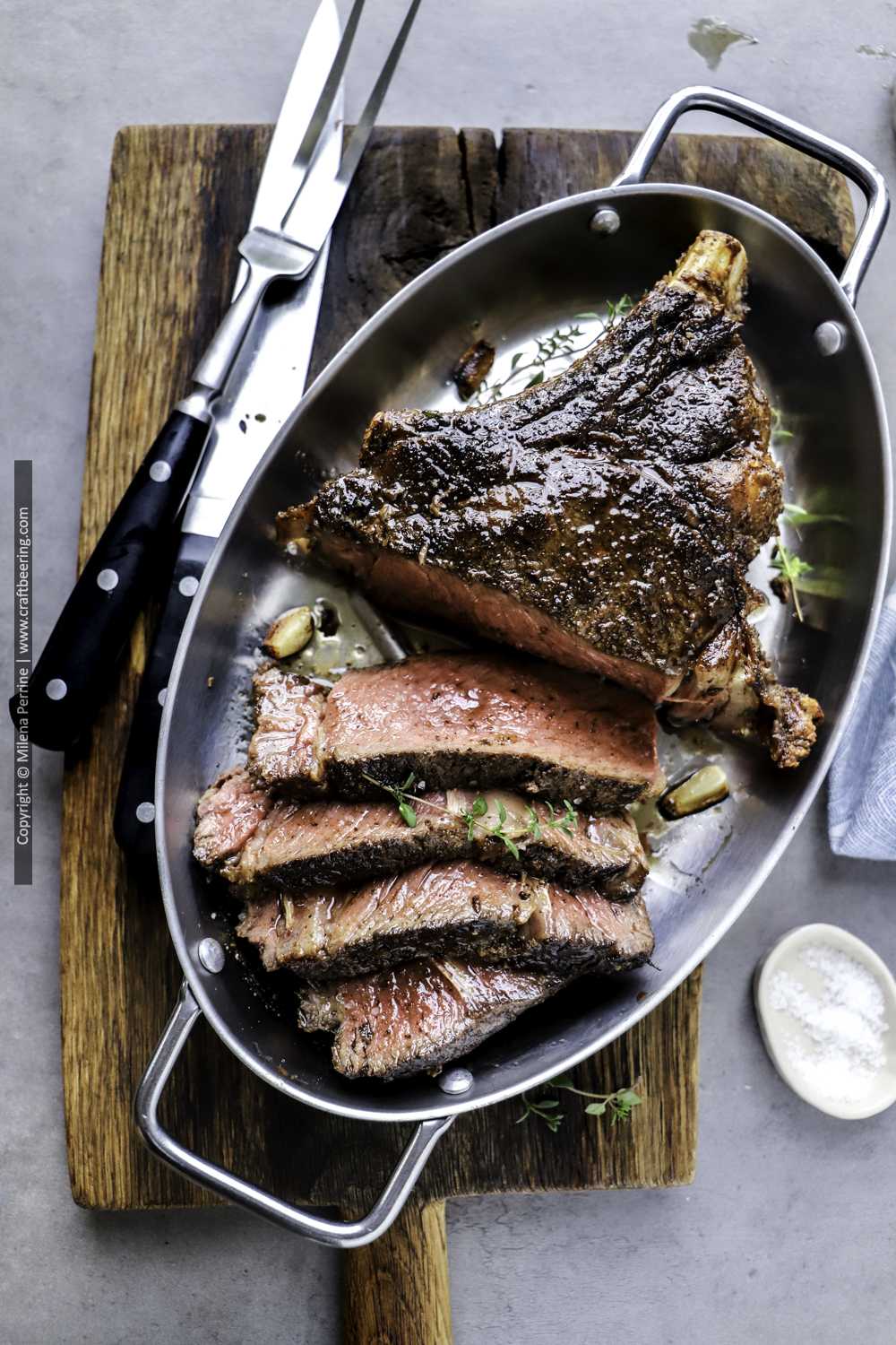 Juicy cowboy steak, a bone-in ribeye, reverse seared and herb butter basted.