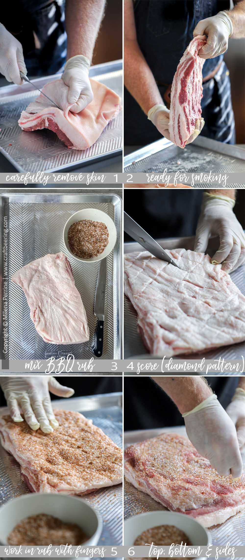 Step by step preparing pork belly for smoking with BBQ rub - removing the skin, scoring the pork belly and rubbing all sides. . 
