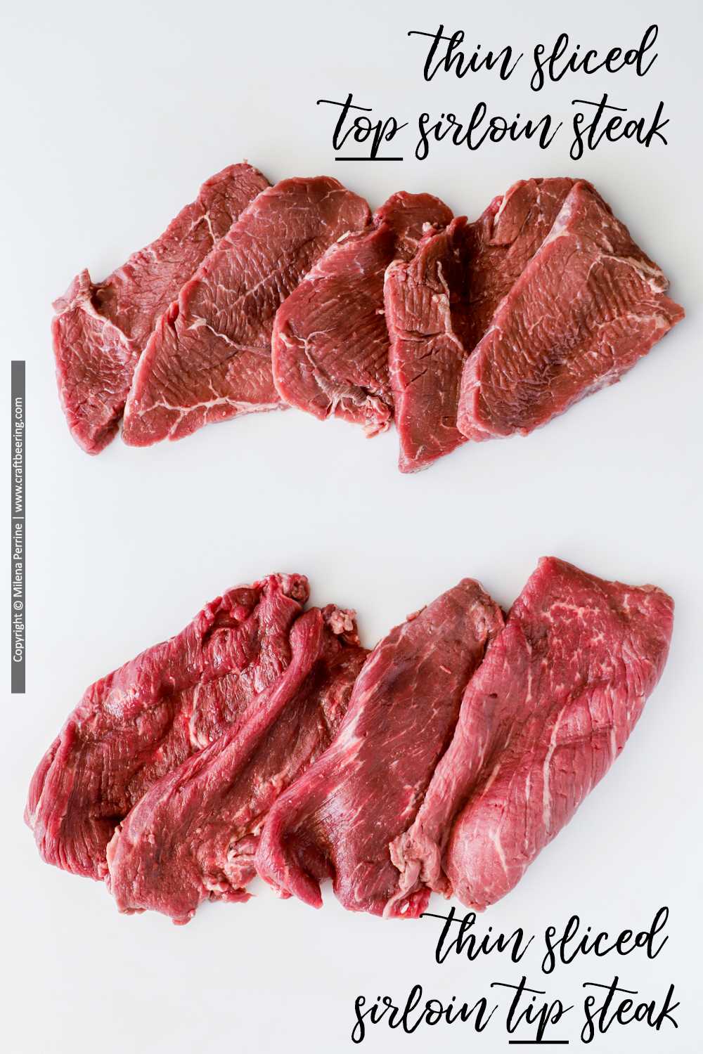 Difference between sirloin tip steak and top sirloin steak. Raw, thin sliced cuts compared.