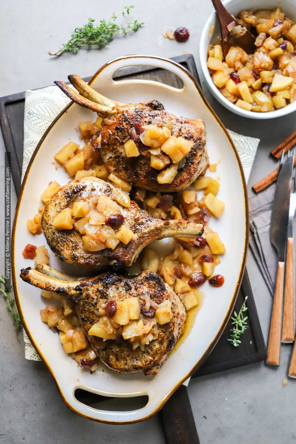 Apple chutney for pork chops smothered over thick cut oven baked bone in pork chops.