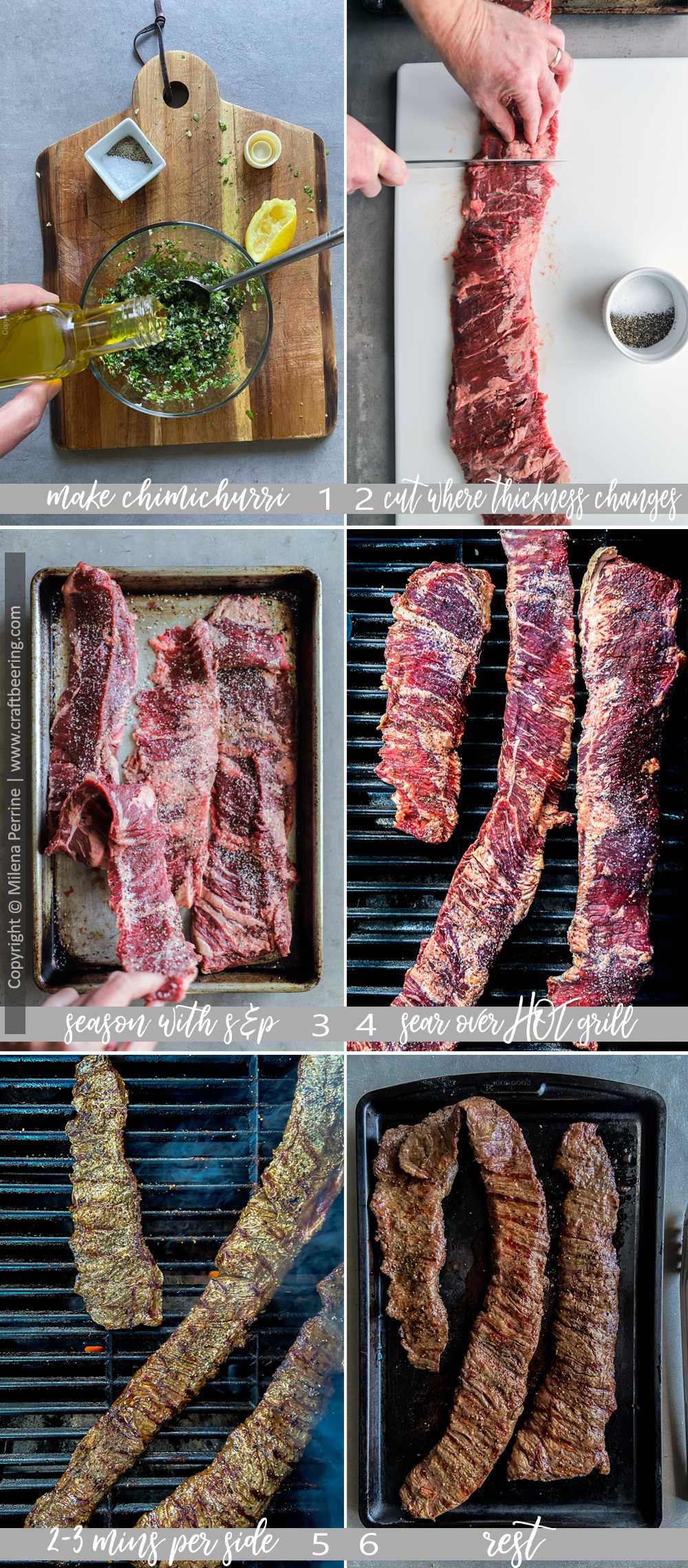 How to grill skirt steak - step by step image collage. Start with a tender outside skirt steak and sear it over hot, hot grates.