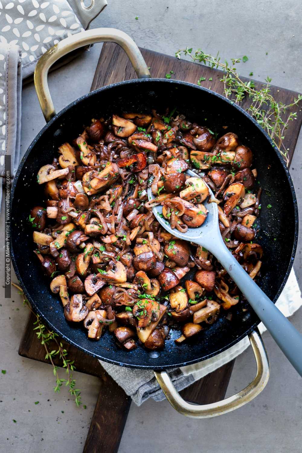Skillet sauteed mushrooms and onions for steak.