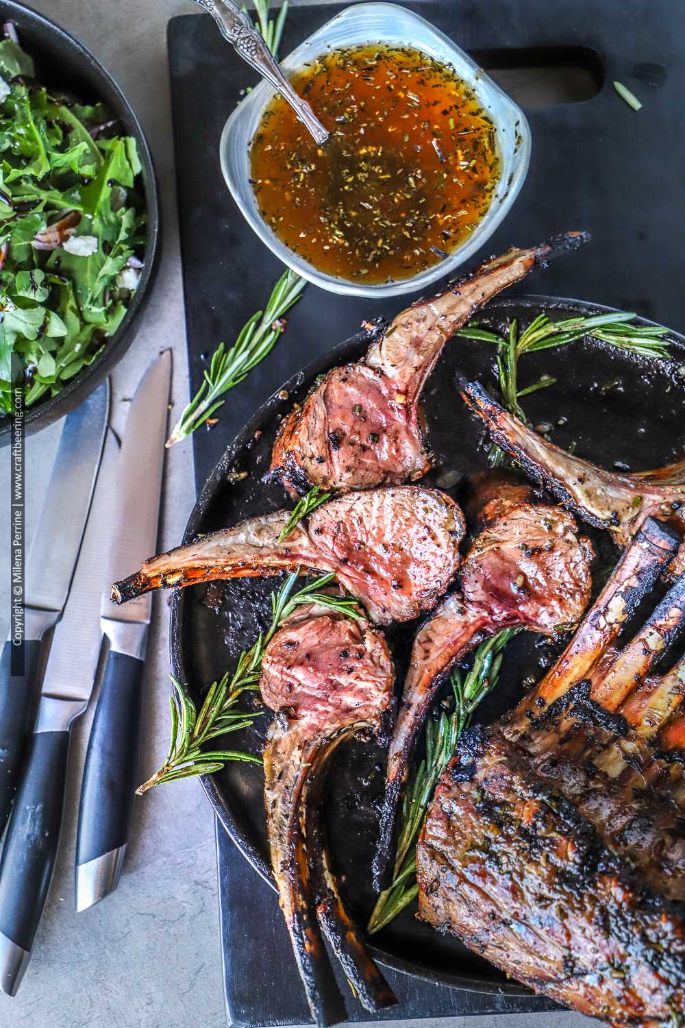 Grilled rack of lamb sliced into chops served with honey garlic rosemary sauce. 